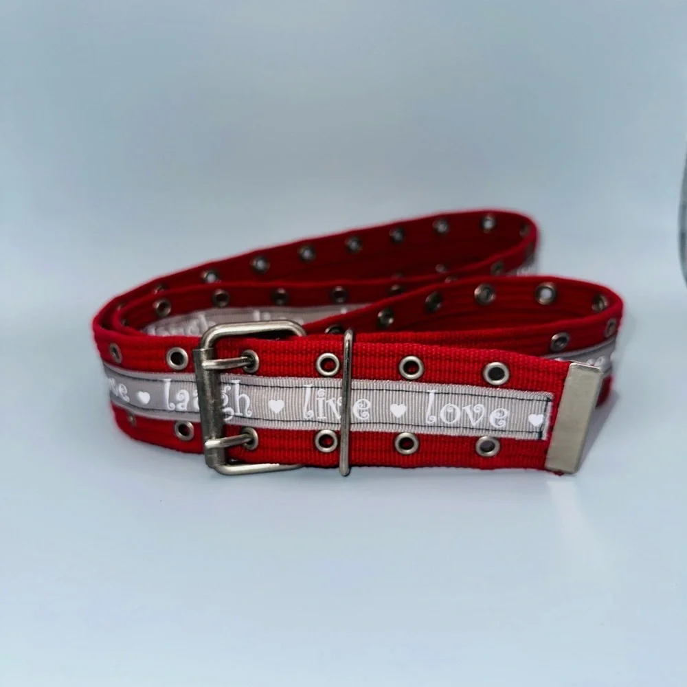Red belt with ❤️live💜love♥️laugh ribbon. 1.5” wide x 39.5” and super adjustable